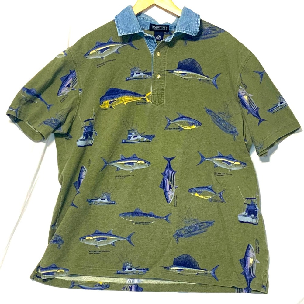 Mens-Lands end, XL deep, water fishing polo cotton, and denim collar.